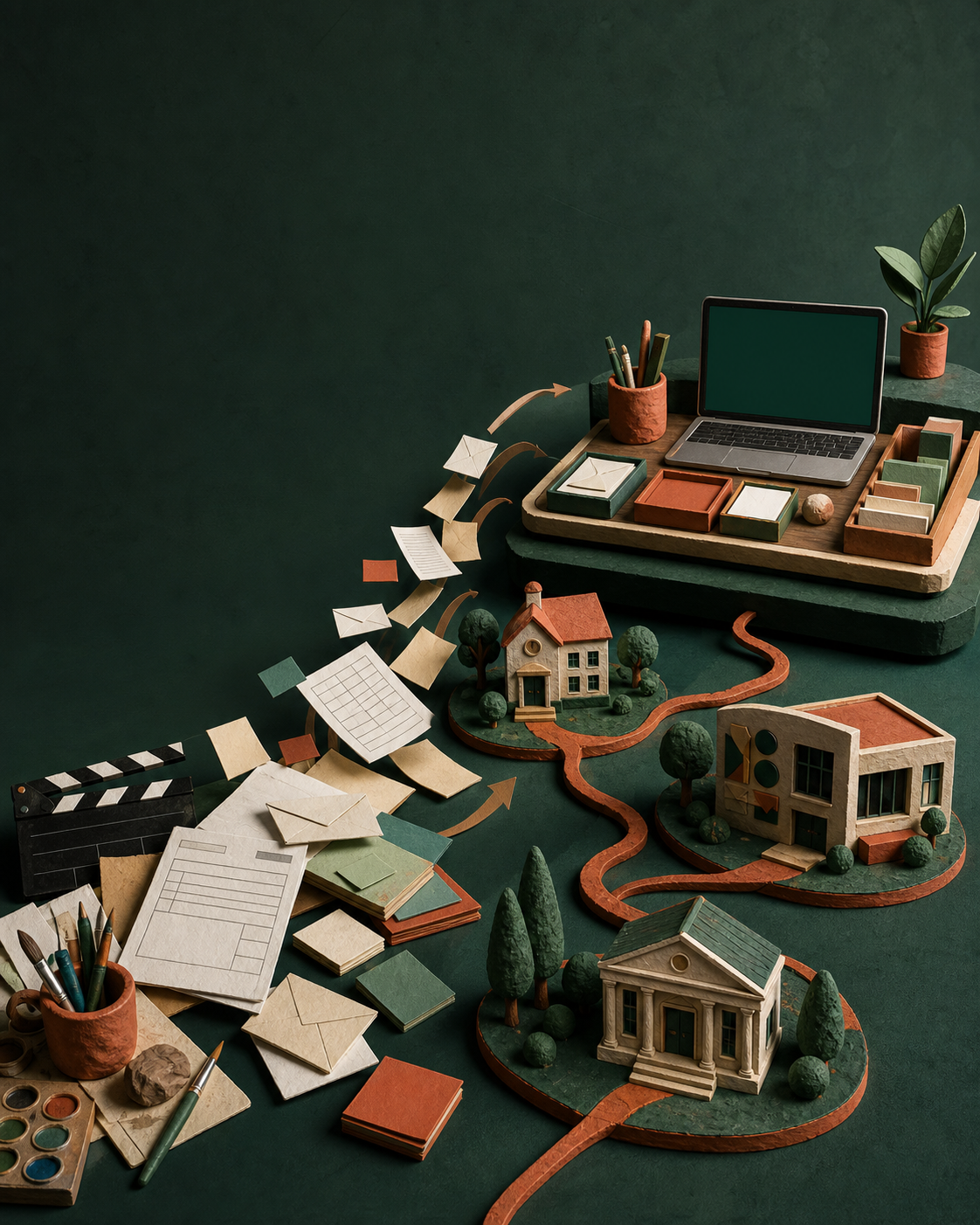 Des écoles et des structures miniatures reliées à un poste de travail organisé